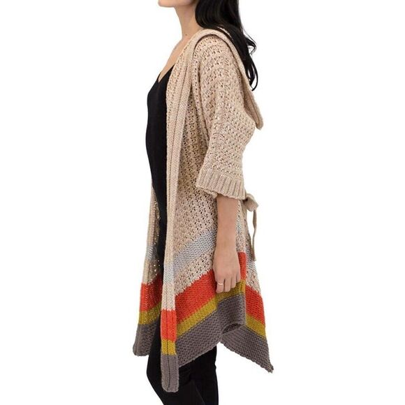 Vertigo Hooded Cardigan Womens Small Colorblock Tan Weekend Crochet Sweater Coat - Picture 3 of 13